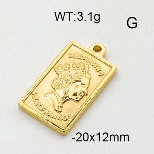 304 Stainless Steel Pendant & Charms,Avatar,Polished,Vacuum plating gold,12x20mm,about 3.1g/pc,5 pcs/package,6AC300478aahn-906