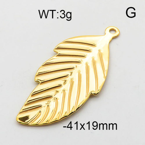 304 Stainless Steel Pendant & Charms,Leaves,Polished,Vacuum plating gold,19x41mm,about 3.0g/pc,5 pcs/package,6AC300483aaim-906
