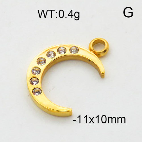 304 Stainless Steel Pendant & Charms,Rhinestone,Moon,Polished,Vacuum plating gold,10x11mm,about 0.4g/pc,5 pcs/package,6AC300485aahl-906