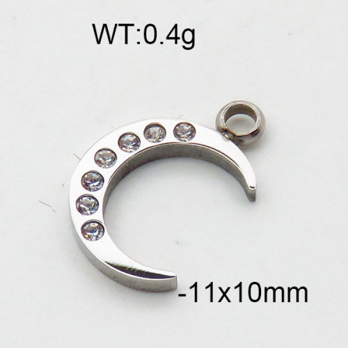 304 Stainless Steel Pendant & Charms,Rhinestone,Moon,Polished,True color,10x11mm,about 0.4g/pc,5 pcs/package,6AC300486aahj-906