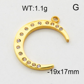 304 Stainless Steel Pendant & Charms,Rhinestone,Moon,Polished,Vacuum plating gold,10x11mm,about 0.4g/pc,5 pcs/package,6AC300485aahl-906