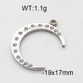 304 Stainless Steel Pendant & Charms,Rhinestone,Moon,Polished,True color,10x11mm,about 0.4g/pc,5 pcs/package,6AC300486aahj-906