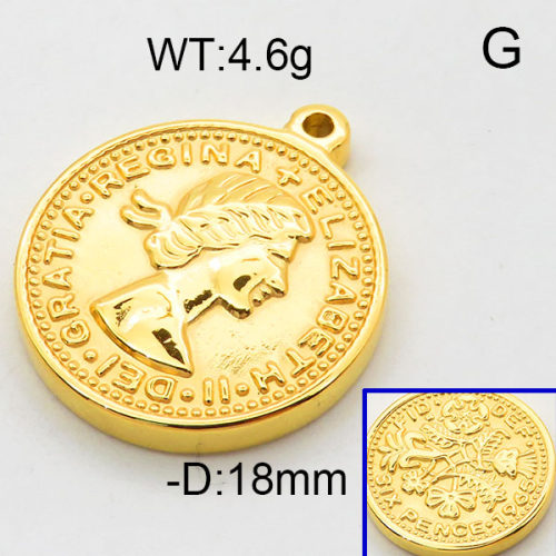304 Stainless Steel Pendant & Charms,Avatar,Polished,Vacuum plating gold,18mm,about 4.6g/pc,5 pcs/package,6AC300509aahn-906