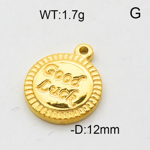 304 Stainless Steel Pendant & Charms,Good Luck,Polished,Vacuum plating gold,12mm,about 1.7g/pc,5 pcs/package,6AC300523aahl-906