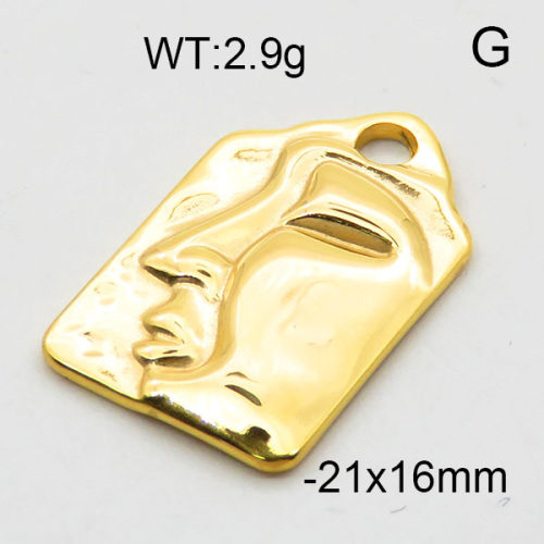 304 Stainless Steel Pendant & Charms,Face,Polished,Vacuum plating gold,16x21mm,about 2.9g/pc,5 pcs/package,6AC300525aahp-906