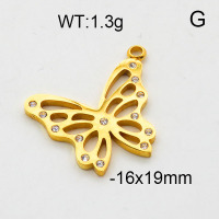 304 Stainless Steel Pendant & Charms,Rhinestone,Butterfly,Polished,Vacuum plating gold,16x19mm,about 1.3g/pc,5 pcs/package,6AC300532aaih-906