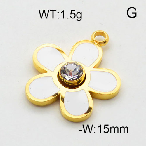 304 Stainless Steel Pendant & Charms,Rhinestone,Epoxy,Flower,Polished,Vacuum plating gold,15mm,about 1.5g/pc,5 pcs/package,6AC300534aahn-906