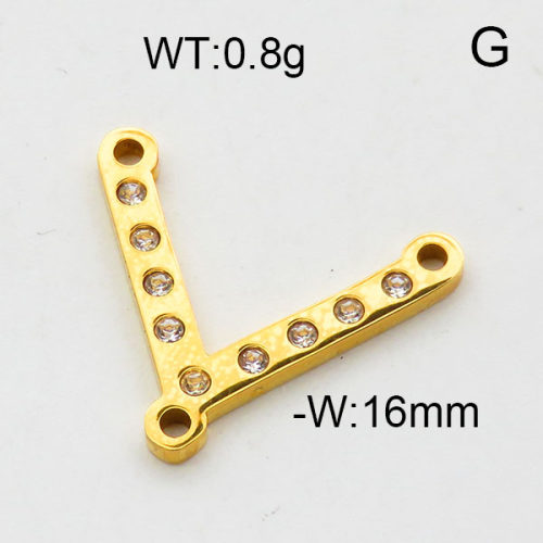 304 Stainless Steel Links connectors,Rhinestone,Three-hole connection V shape,Polished,Vacuum plating gold,16mm,about 0.8g/pc,5 pcs/package,6AC300541aaho-906