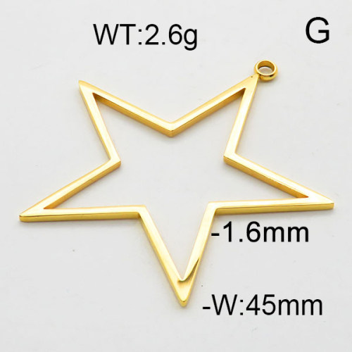304 Stainless Steel Pendant & Charms,Frame star,Polished,Vacuum plating gold,P:45mm,Side width:1.6mm,about 2.6g/pc,5 pcs/package,6AC300547avja-906