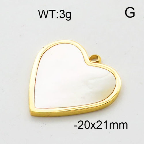 304 Stainless Steel Pendant & Charms,Shell,Heart,Polished,Vacuum plating gold,White,20x21mm,about 3.0g/pc,5 pcs/package,6AC300550vaia-906