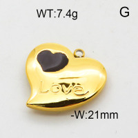 304 Stainless Steel Pendant & Charms,Epoxy,Love,heart,Polished,Vacuum plating gold,Black,21mm,about 7.4g/pc,5 pcs/package,6AC300564vail-906