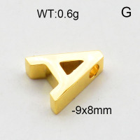 304 Stainless Steel Pendant & Charms,Horizontal perforated Letter A,Polished,Vacuum plating gold,8x9mm,about 0.6g/pc,5 pcs/package,6AC300566aaha-906