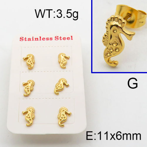 304 Stainless Steel Ear Studs,Hippocampus,Polished,Vacuum plating gold,6x11mm,about 3.5g/package,3 pairs/package,6E2004876bbln-906