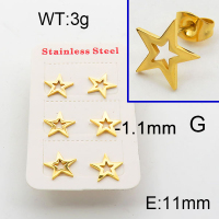 304 Stainless Steel Ear Studs,Frame star,Polished,Vacuum plating gold,11mm,about 3.0g/package,3 pairs/package,6E2004883bblk-906