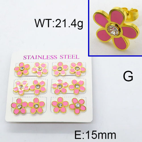 304 Stainless Steel Ear Studs,Rhinestone,Epoxy,Flower,Polished,Vacuum plating gold,15mm,about 21.4g/package,6 pairs/package,6E4002735vhpi-900