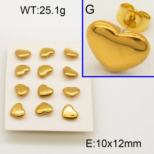 304 Stainless Steel Ear Studs,Heart,Polished,Vacuum plating gold,10x12mm,about 25.1g/package,6 pairs/package,F30000029bhia-900