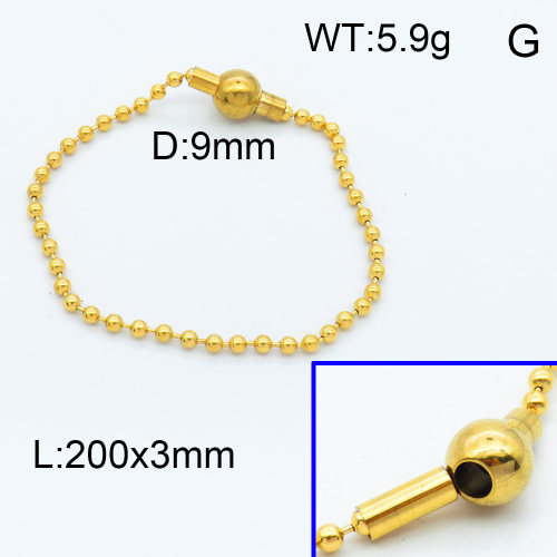 304 Stainless steel Bracelet Making,European Magnetic Clasps,Ball Bead chains,European Magnetic Clasps,Polished,Vacuum plating gold,L:200mm,W:3mm,Round Magnetic Clasps:9mm,about 5.9g/pc,3 pcs/package,3B2001701vbnb-066