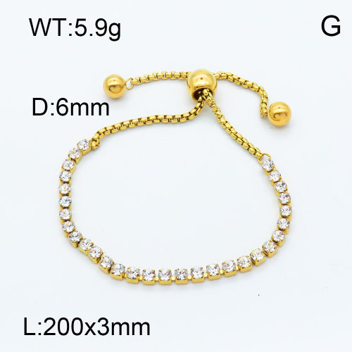 304 Stainless steel Bracelet Making,Rhinestone Strass Chains,Adjustable Rhinestone Cup chain,Polished,Vacuum plating gold,White,L:200mm,W:3mm,Bead:6mm,about 5.9g/pc,3 pcs/package,3B4001935vbnl-066