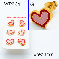 304 Stainless Steel Ear Studs,Epoxy,Heart,Polished,Vacuum plating gold,Pink and Red,E:9x11mm,about 6.3g/package,3 pairs/package,3E3001080vhov-066