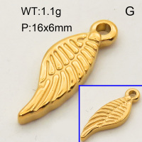 304 Stainless Steel Pendants,Wing,Polished,Vacuum plating gold,P:16x6mm,about 1.1g/pc,5 pcs/package,3P2002147aahl-066