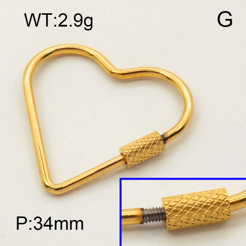 304 Stainless Steel Screw Clasps,Heart,Hemp nut,Polished,Vacuum plating gold,34mm,about 2.9g/pc,5 pcs/package,3P2002191ablb-066