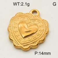 304 Stainless Steel Pendants,Heart,Polished,Vacuum plating gold,14mm,about 2.1g/pc,5 pcs/package,3P2002201vaii-066