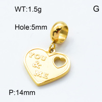 304 Stainless Steel European Dangle Beads,Heart,Polished,Vacuum plating gold,14mm,Hole:5mm,about 2.4g/pc,5 pcs/package,3P2002344aajl-066