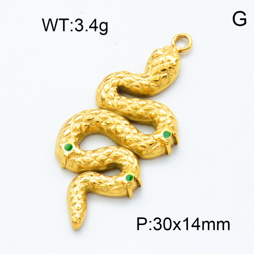 304 Stainless Steel Pendants,Epoxy,Python,Snake,Polished,Vacuum plating gold,Green,P:30x14mm,about 3.4g/pc,5 pcs/package,3P2002350aajl-066