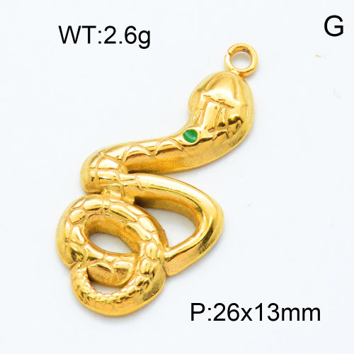 304 Stainless Steel Pendants,Epoxy,Python,Snake,Polished,Vacuum plating gold,Green,P:26x13mm,about 2.6g/pc,5 pcs/package,3P2002352aajl-066