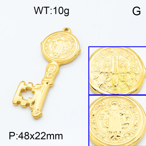 304 Stainless Steel Pendants,Faith,Key,Polished,Vacuum plating gold,P:48x22mm,about 10.0g/pc,5 pcs/package,3P2002586baka-066