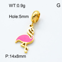 304 Stainless Steel European Dangle Beads,Epoxy,Flamingo,Polished,Vacuum plating gold,Pink,P:14x8mm,Hole:5mm,about 0.9g/pc,5 pcs/package,3P3000133baka-066
