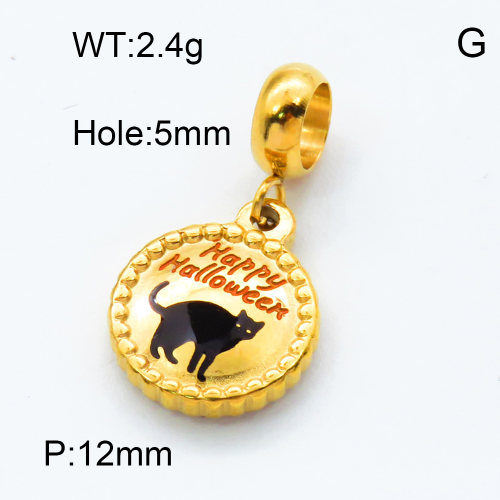 304 Stainless Steel European Dangle Beads,Epoxy,Flat round,cat,Halloween,Polished,Vacuum plating gold,Red and Black,P:12mm,Hole:5mm,about 2.4g/pc,5 pcs/package,3P3000135baka-066