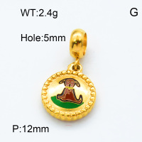 304 Stainless Steel European Dangle Beads,Epoxy,Flat round,Dog,Polished,Vacuum plating gold,Brown and Green,P:12mm,Hole:5mm,about 2.4g/pc,5 pcs/package,3P3000139baka-066