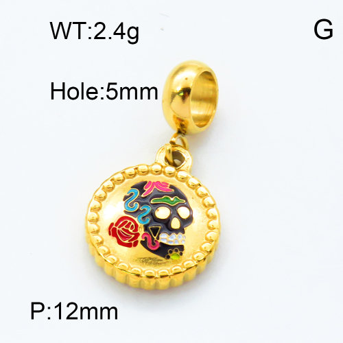 304 Stainless Steel European Dangle Beads,Epoxy,Flat round,Skull,Polished,Vacuum plating gold,Color,P:12mm,Hole:5mm,about 2.4g/pc,5 pcs/package,3P3000143baka-066