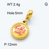 304 Stainless Steel European Dangle Beads,Epoxy,Flat round,Faith over fear,Polished,Vacuum plating gold,Pink,P:12mm,Hole:5mm,about 2.4g/pc,5 pcs/package,3P3000155baka-066