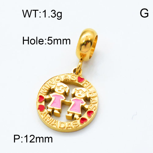 304 Stainless Steel European Dangle Beads,Epoxy,Flat round,Girls,Polished,Vacuum plating gold,Pink and Red,P:12mm,Hole:5mm,about 1.3g/pc,5 pcs/package,3P3000163baka-066