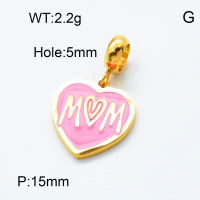 304 Stainless Steel European Dangle Beads,Epoxy,Heart,Mom,Polished,Vacuum plating gold,Pink,P:15mm,Hole:5mm,about 2.2g/pc,5 pcs/package,3P3000173baka-066