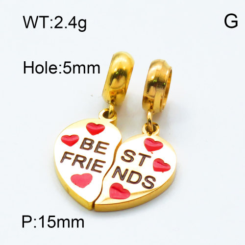 304 Stainless Steel European Dangle Beads,Epoxy,Heart,friendship,Polished,Vacuum plating gold,Red and Black,P:15mm,Hole:5mm,about 2.4g/pc,5 pcs/package,3P3000203bbov-066