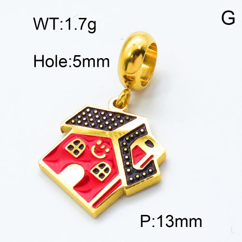 304 Stainless Steel European Dangle Beads,Epoxy,House,Polished,Vacuum plating gold,Red and Black,P:13mm,Hole:5mm,about 1.7g/pc,5 pcs/package,3P3000209baka-066