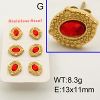 304 Stainless Steel Ear Studs,Glass Cabochons,Oval,Pockmark,Polished,Vacuum plating gold,Red,E:13x11mm,about 8.3g/package,3 pairs/package,3P4000607vhpl-066