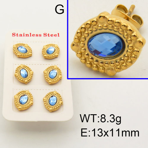 304 Stainless Steel Ear Studs,Glass Cabochons,Oval,Pockmark,Polished,Vacuum plating gold,Blue,E:13x11mm,about 8.3g/package,3 pairs/package,3P4000611vhpl-066