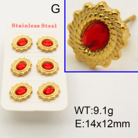 304 Stainless Steel Ear Studs,Glass Cabochons,Oval,Twist,Polished,Vacuum plating gold,Red,E:14x12mm,about 9.1g/package,3 pairs/package,3P4000615vhpl-066