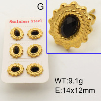 304 Stainless Steel Ear Studs,Glass Cabochons,Oval,Twist,Polished,Vacuum plating gold,Black,E:14x12mm,about 9.1g/package,3 pairs/package,3P4000617vhpl-066