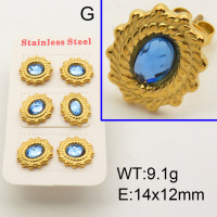 304 Stainless Steel Ear Studs,Glass Cabochons,Oval,Twist,Polished,Vacuum plating gold,Blue,E:14x12mm,about 9.1g/package,3 pairs/package,3P4000619vhpl-066