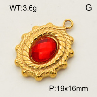 304 Stainless Steel Glass Pendants,Glass Cabochons,Oval,Twist,Polished,Vacuum plating gold,Red,P:19x16mm,about 3.6g/pc,5 pcs/package,3P4000623aaji-066