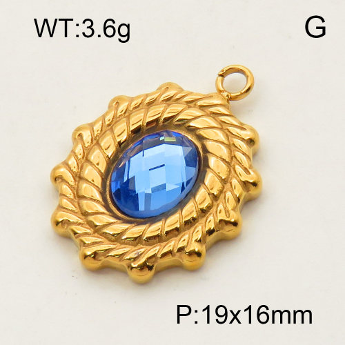 304 Stainless Steel Glass Pendants,Glass Cabochons,Oval,Twist,Polished,Vacuum plating gold,Blue,P:19x16mm,about 3.6g/pc,5 pcs/package,3P4000627aaji-066