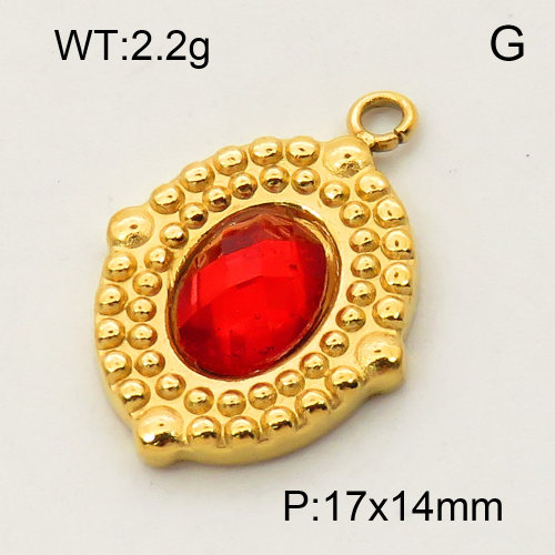 304 Stainless Steel Glass Pendants,Glass Cabochons,Oval,Pockmark,Polished,Vacuum plating gold,Red,P:17x14mm,about 2.2g/pc,5 pcs/package,3P4000631aaji-066