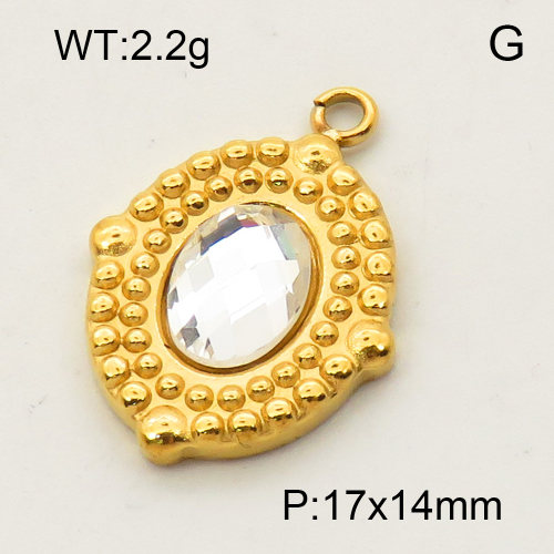 304 Stainless Steel Glass Pendants,Glass Cabochons,Oval,Pockmark,Polished,Vacuum plating gold,White,P:17x14mm,about 2.2g/pc,5 pcs/package,3P4000637aaji-066