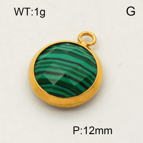 304 Stainless Steel Chrysocolla Gemstone Pendants,Flat round,Faceted,Polished,Vacuum plating gold,Malachite Green,12mm,about 1.0g/pc,5 pcs/package,3P4000639aaio-066