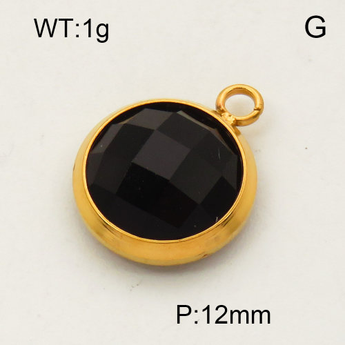 304 Stainless Steel Acrylic Pendants,Flat round,Faceted,Polished,Vacuum plating gold,Black,12mm,about 1.0g/pc,5 pcs/package,3P4000641aaio-066